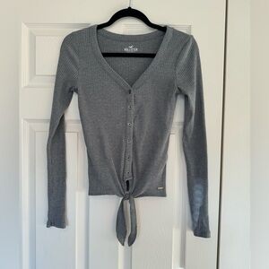 Hollister Grey Ribbed Long Sleeve Top with Tie